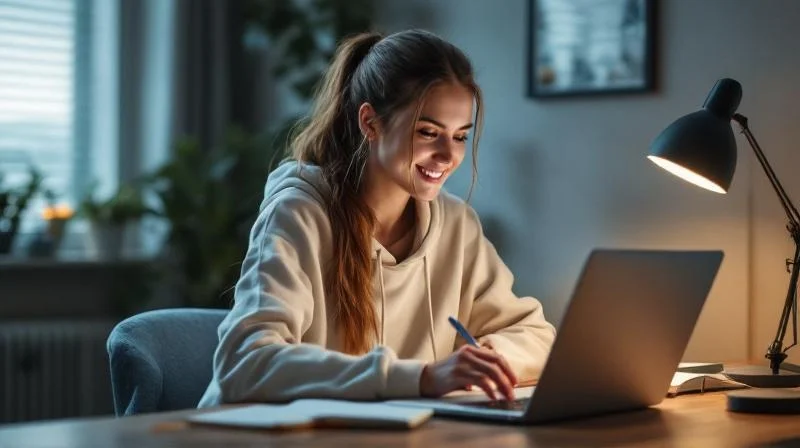Frau lernt abends am Laptop fuer ihre IHK-Fortbildung in Bottrop