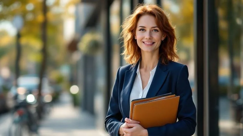 Frau mit Unterlagen vor einem modernen Buerogebaeude in Bottrop bereitet sich auf die IHK-Pruefung vor