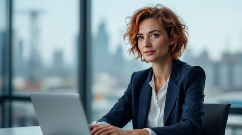 Frau lernt am Laptop KI-Themen in einem modernen Buero in Bottrop